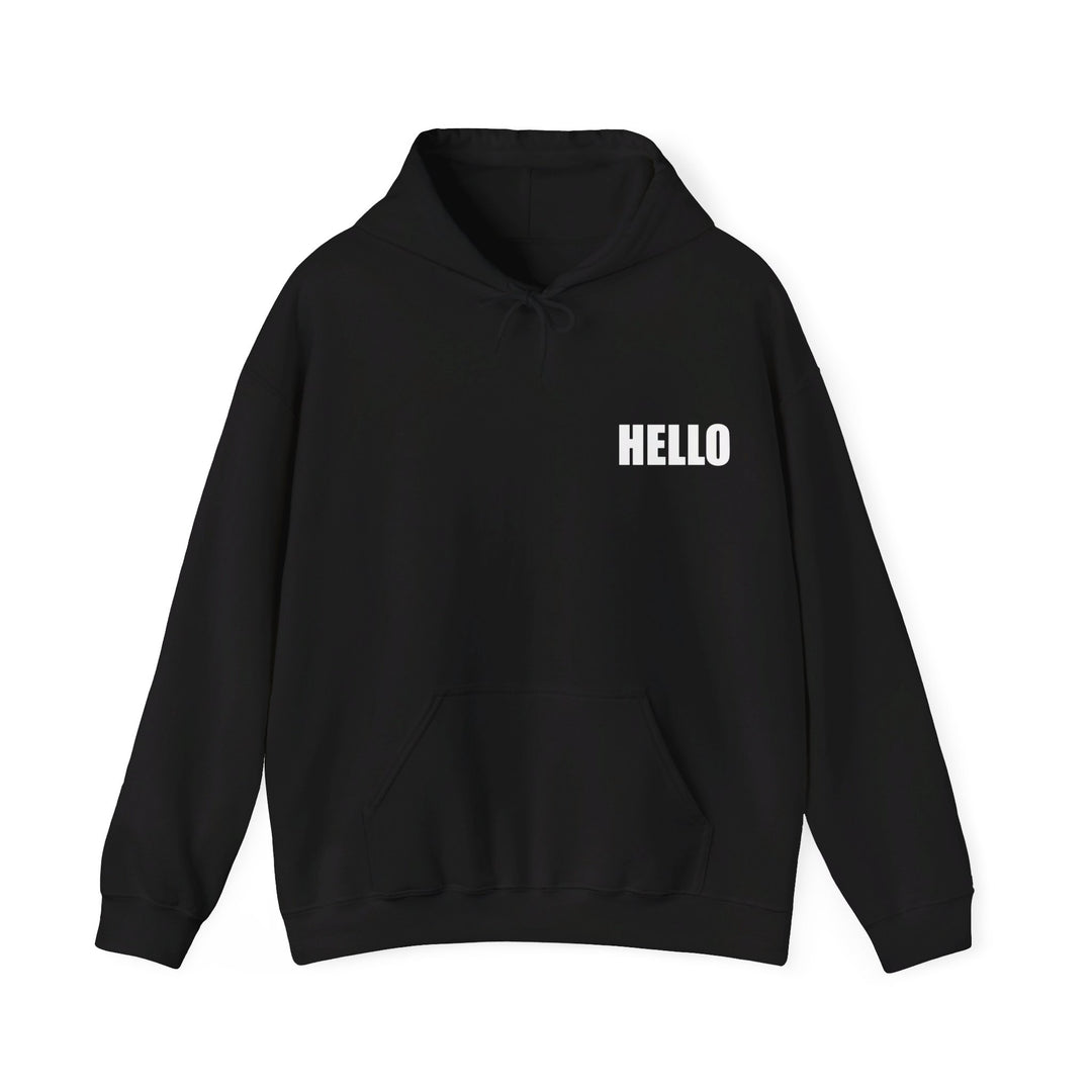 Black Hoodie that says 'hello' 