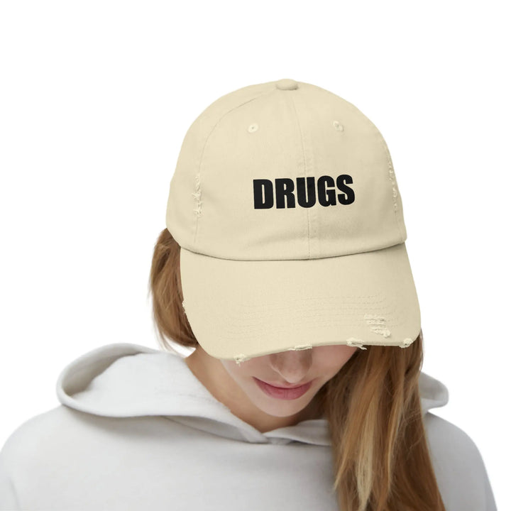 Unisex Distressed Hat That Says Drugs